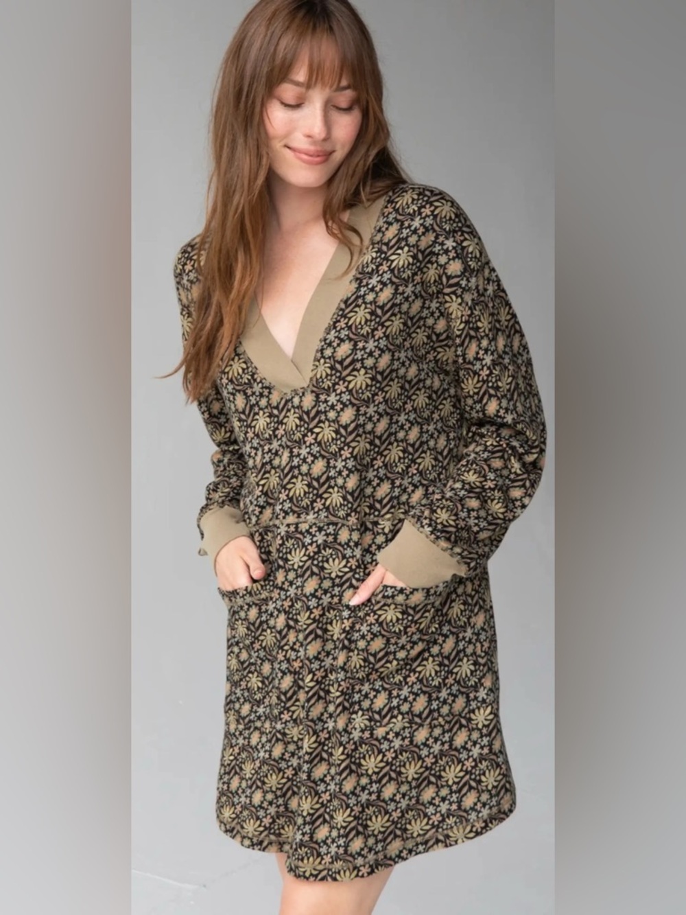 Natural Life Womens Floral Tunic Top S Boho Folk Pocket Long Sleeve Casual Artsy